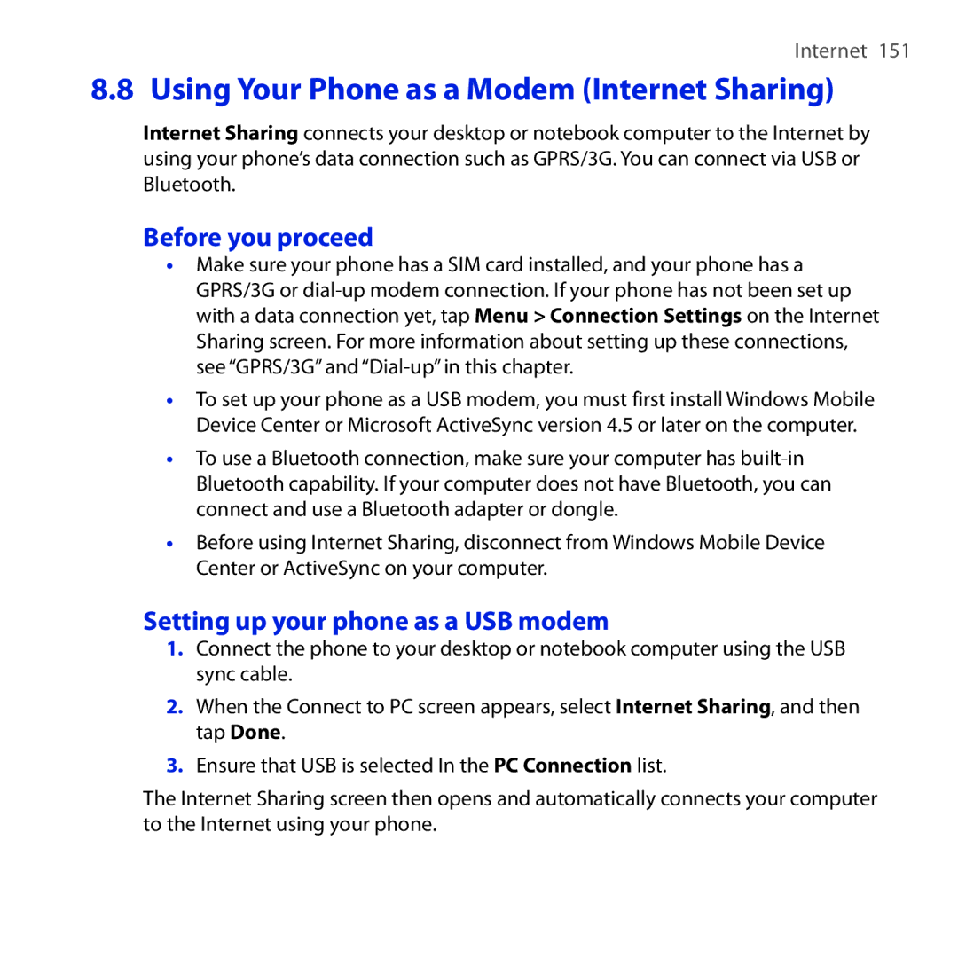 HTC Diamond2 Using Your Phone as a Modem Internet Sharing, Before you proceed, Setting up your phone as a USB modem 