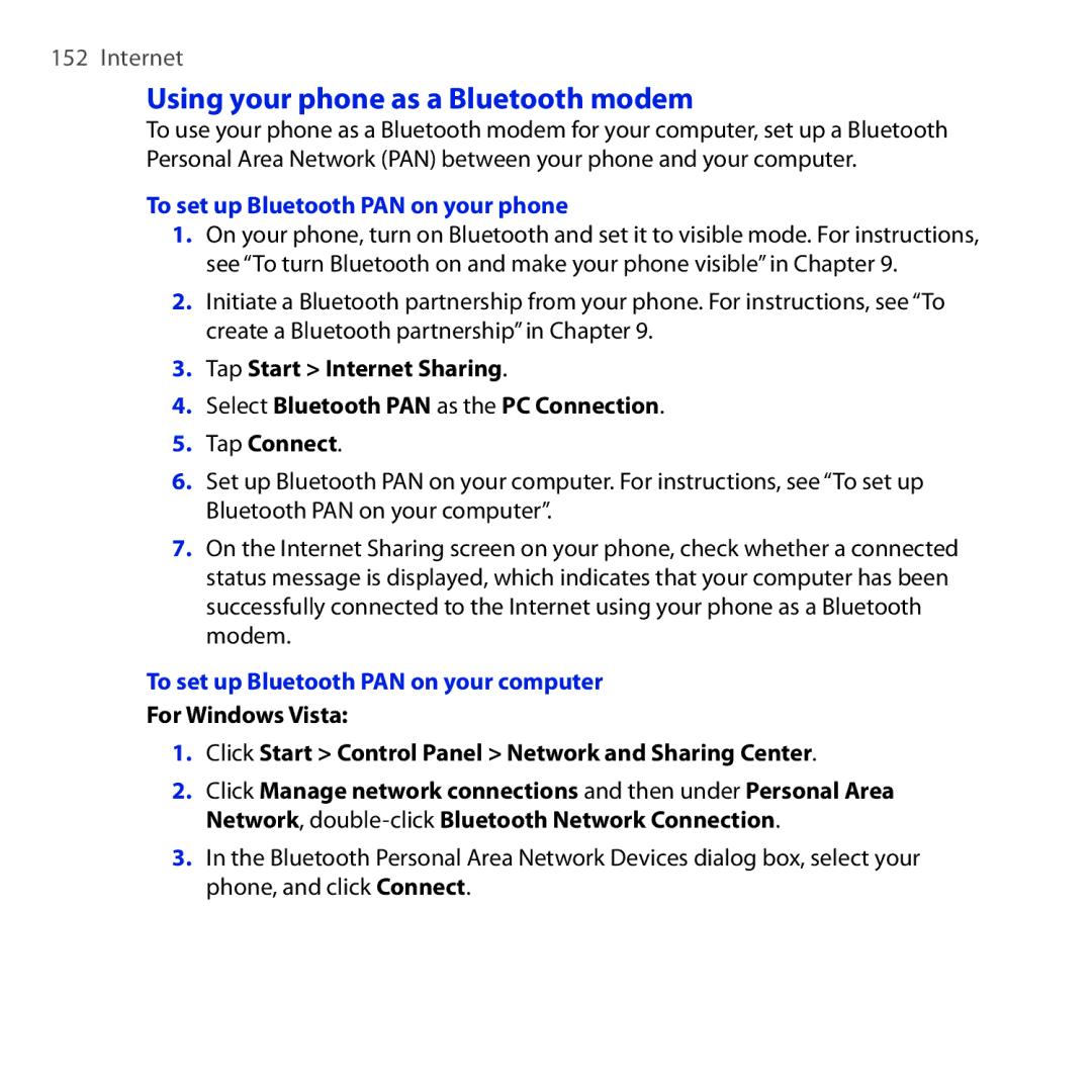 HTC Diamond2 user manual Using your phone as a Bluetooth modem, To set up Bluetooth PAN on your phone 