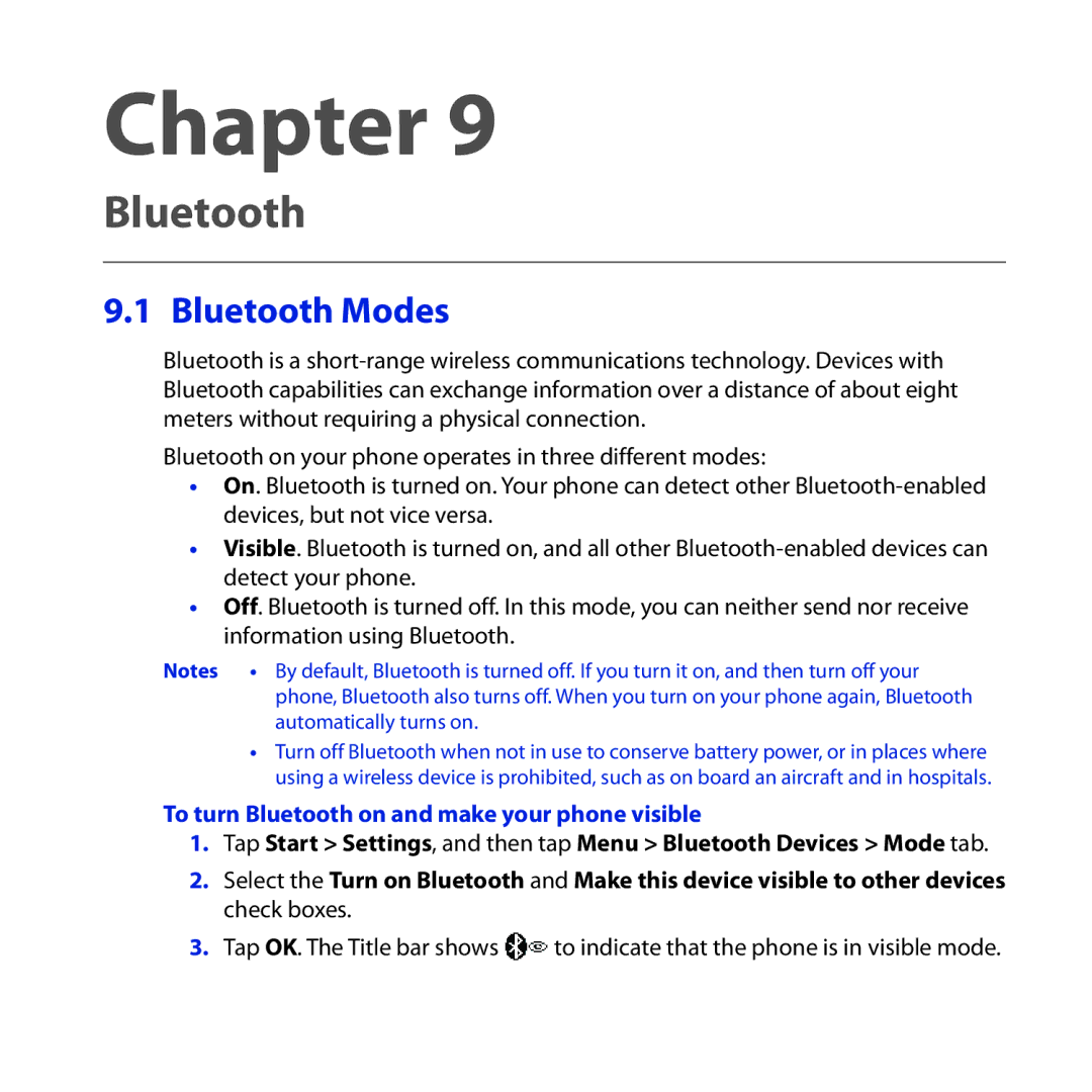 HTC Diamond2 user manual Bluetooth Modes, To turn Bluetooth on and make your phone visible 