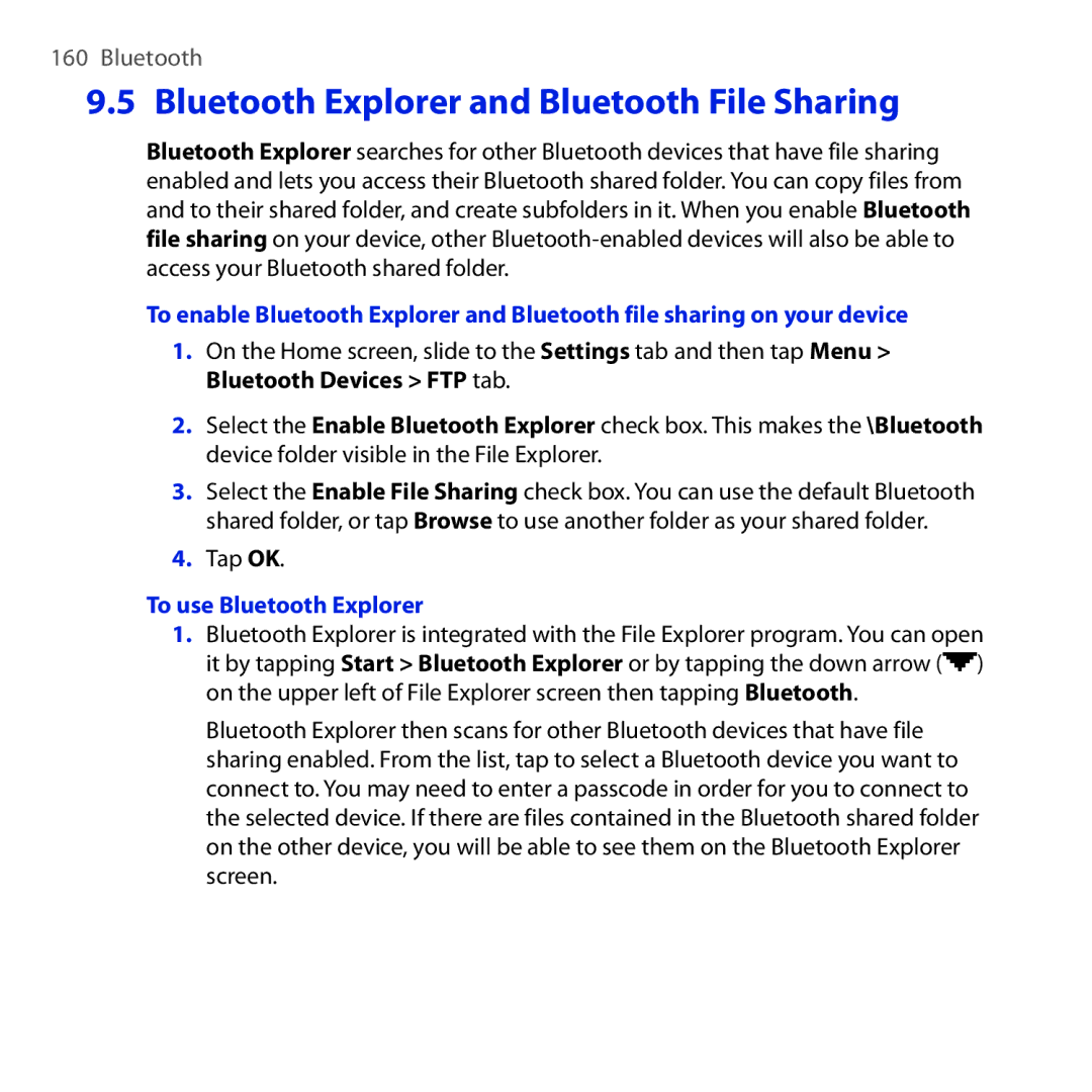 HTC Diamond2 user manual Bluetooth Explorer and Bluetooth File Sharing, To use Bluetooth Explorer 