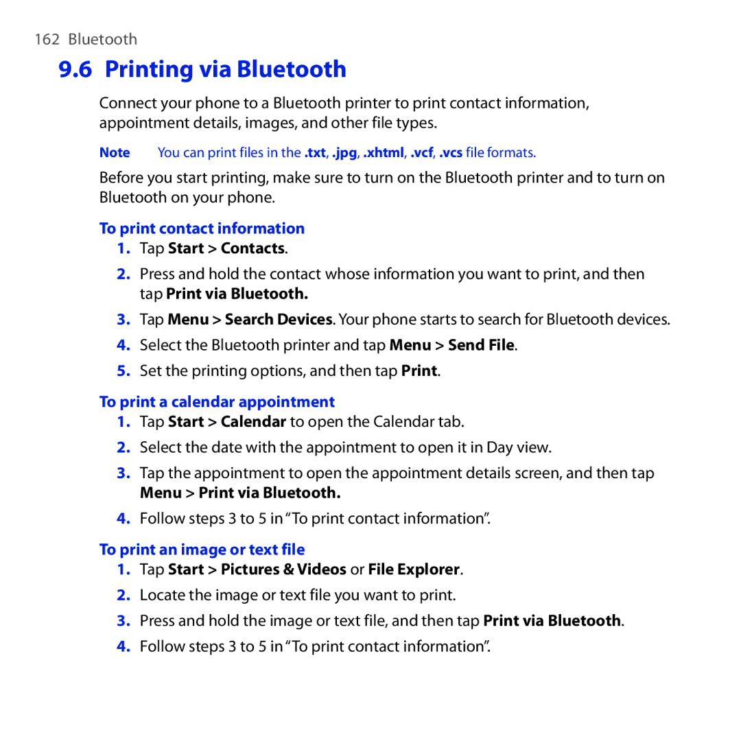 HTC Diamond2 user manual Printing via Bluetooth, To print contact information, To print a calendar appointment 