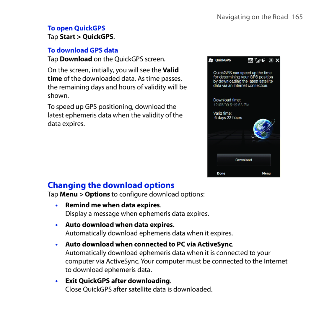 HTC Diamond2 user manual Changing the download options, To open QuickGPS, To download GPS data 