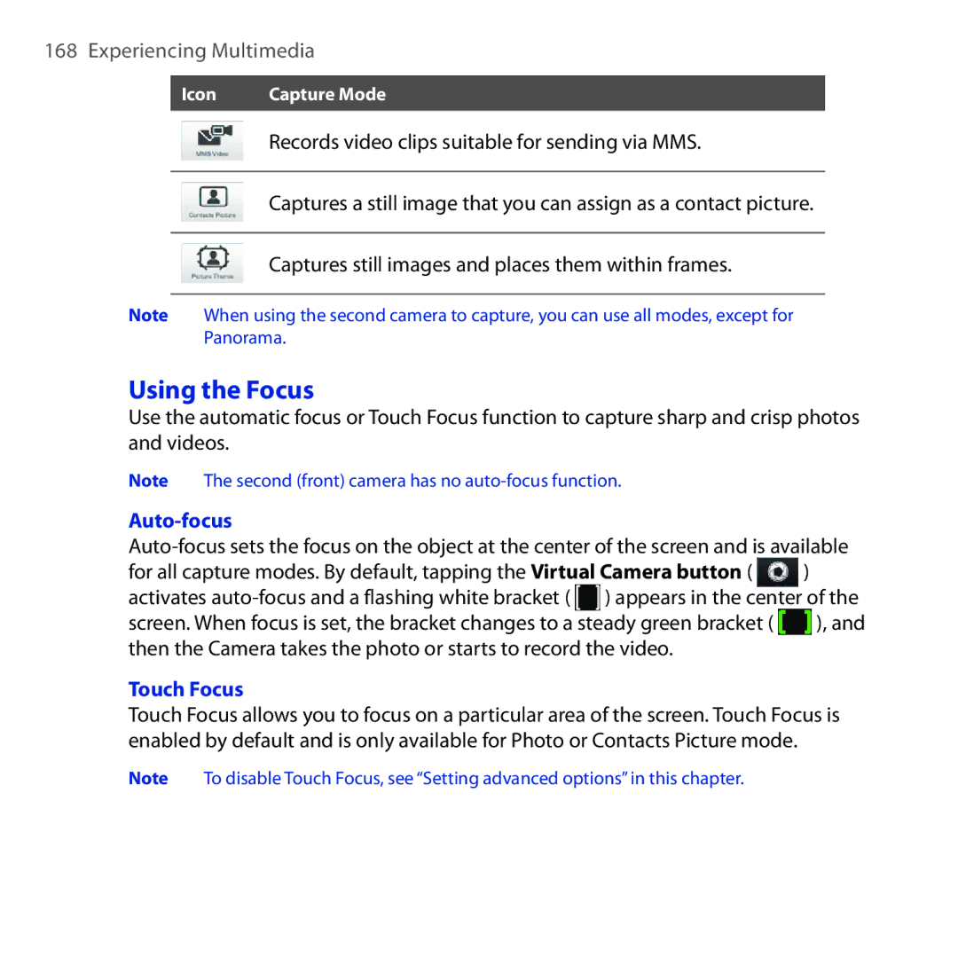 HTC Diamond2 user manual Using the Focus, Auto-focus, Touch Focus 