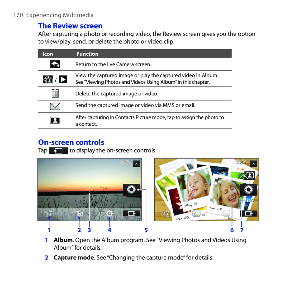 HTC Diamond2 user manual Review screen, On-screen controls 