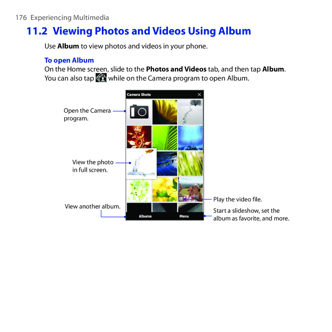 HTC Diamond2 Viewing Photos and Videos Using Album, Use Album to view photos and videos in your phone, To open Album 