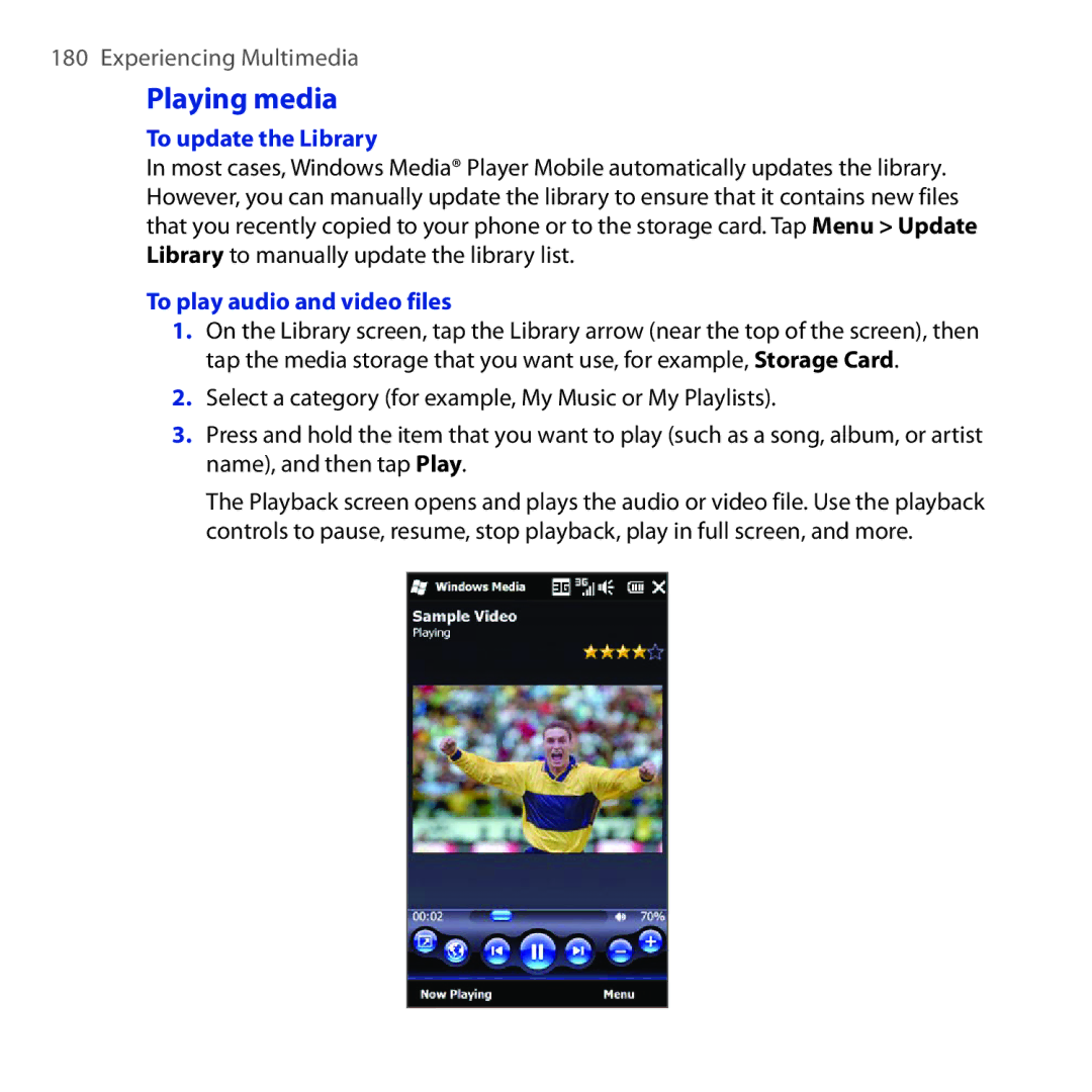 HTC Diamond2 user manual Playing media, To update the Library, To play audio and video files 