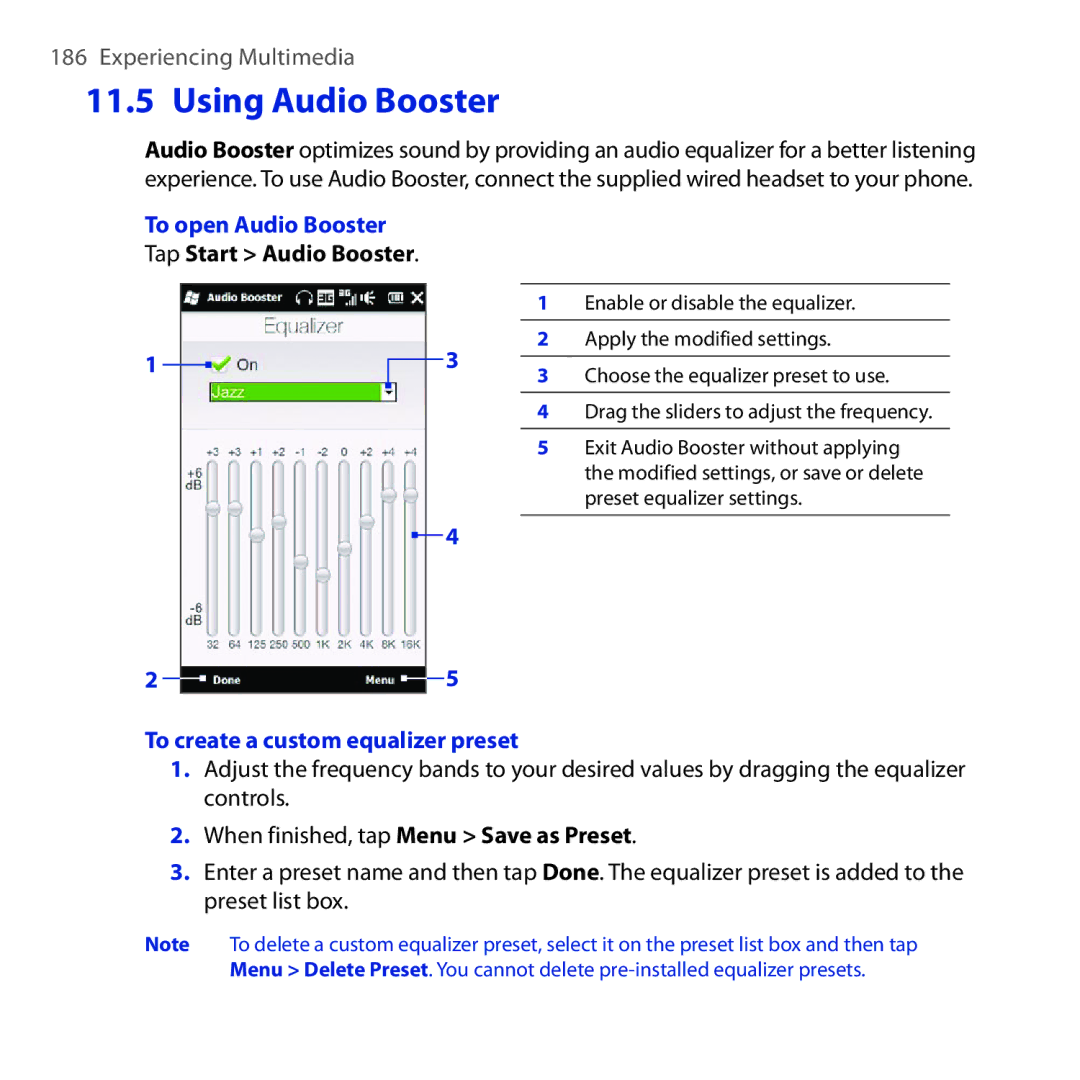 HTC Diamond2 Using Audio Booster, To open Audio Booster, Tap Start Audio Booster, To create a custom equalizer preset 