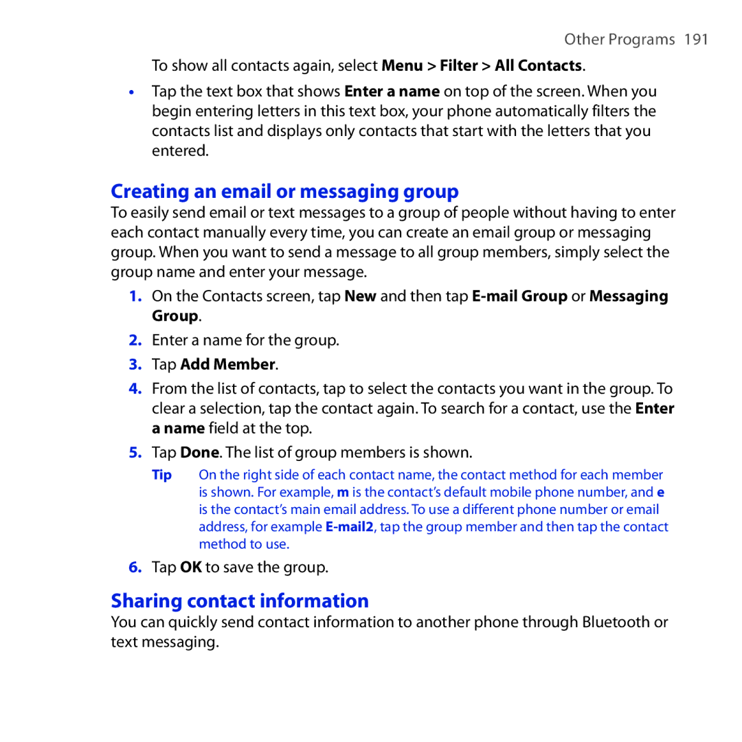 HTC Diamond2 Creating an email or messaging group, Sharing contact information, Tap Add Member, Tap OK to save the group 