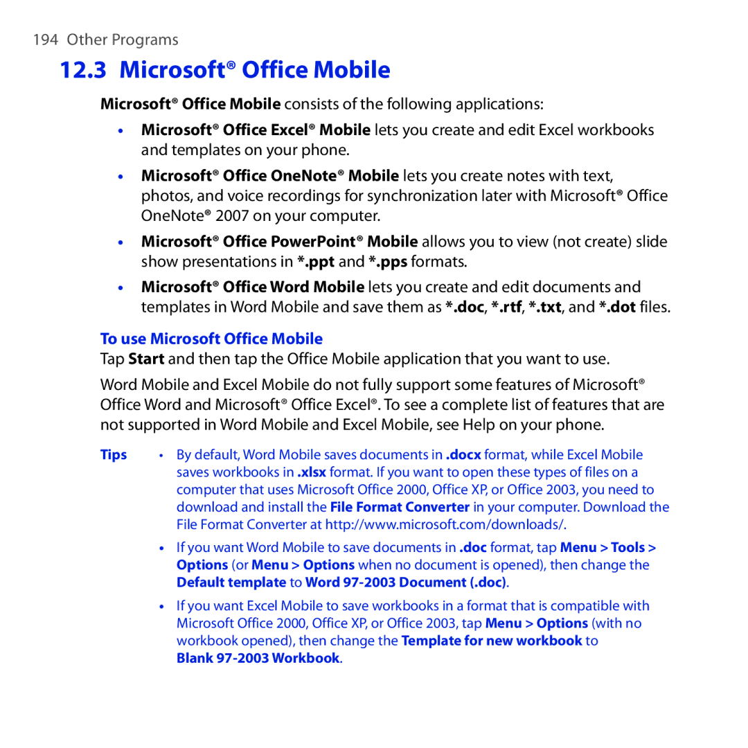 HTC Diamond2 user manual To use Microsoft Office Mobile 