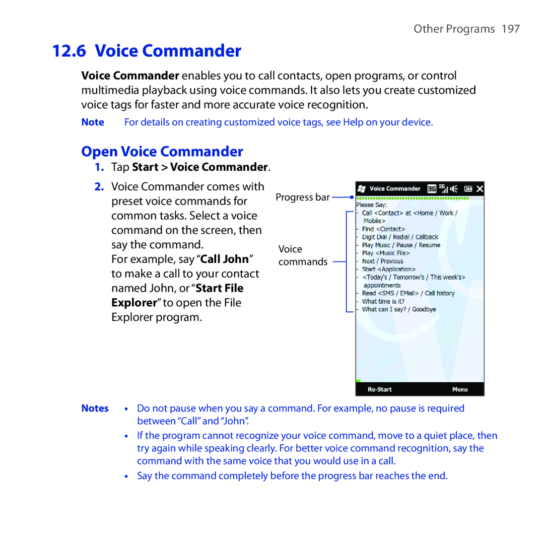 HTC Diamond2 Open Voice Commander, Tap Start Voice Commander, Voice Commander comes with Preset voice commands for 