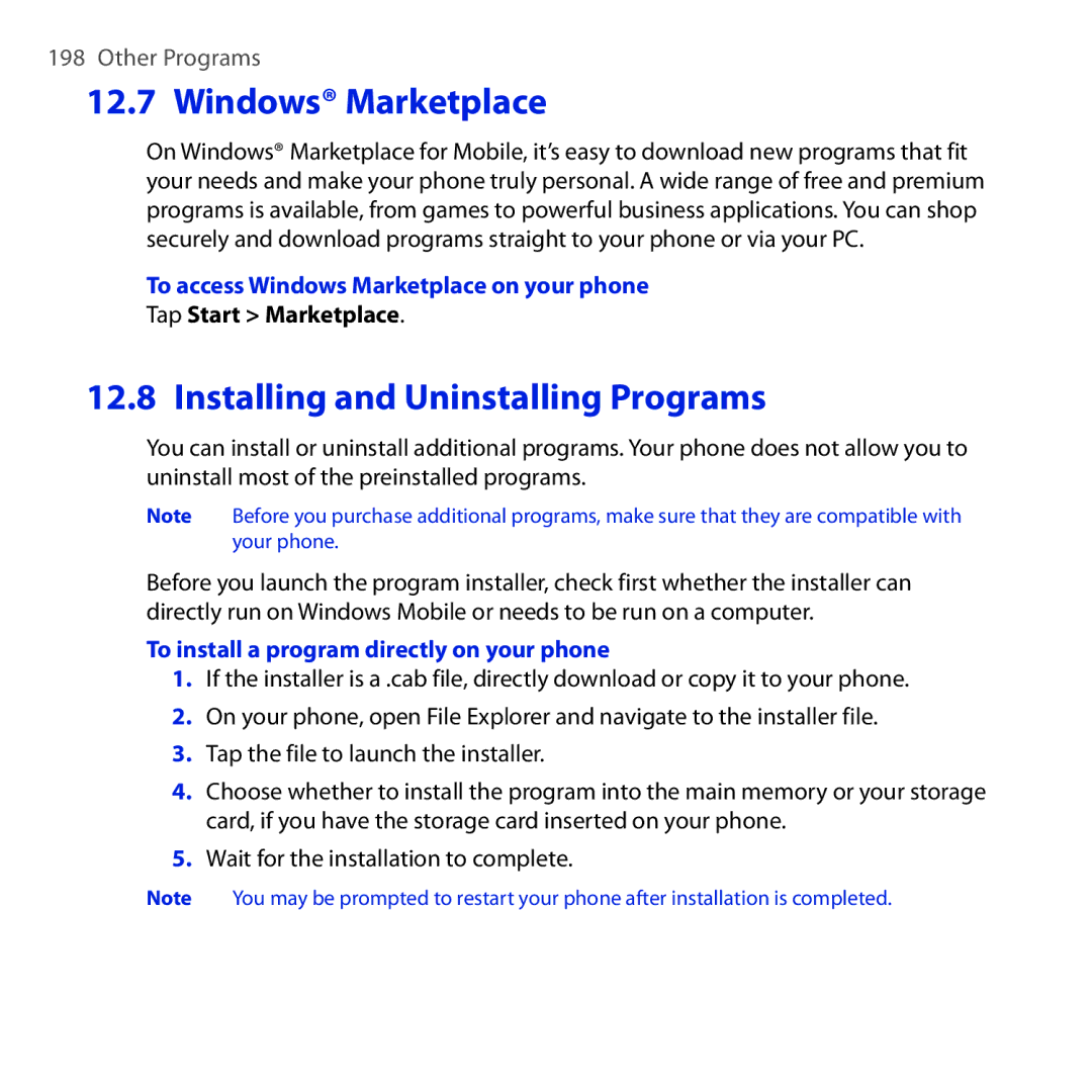 HTC Diamond2 Installing and Uninstalling Programs, To access Windows Marketplace on your phone, Tap Start Marketplace 