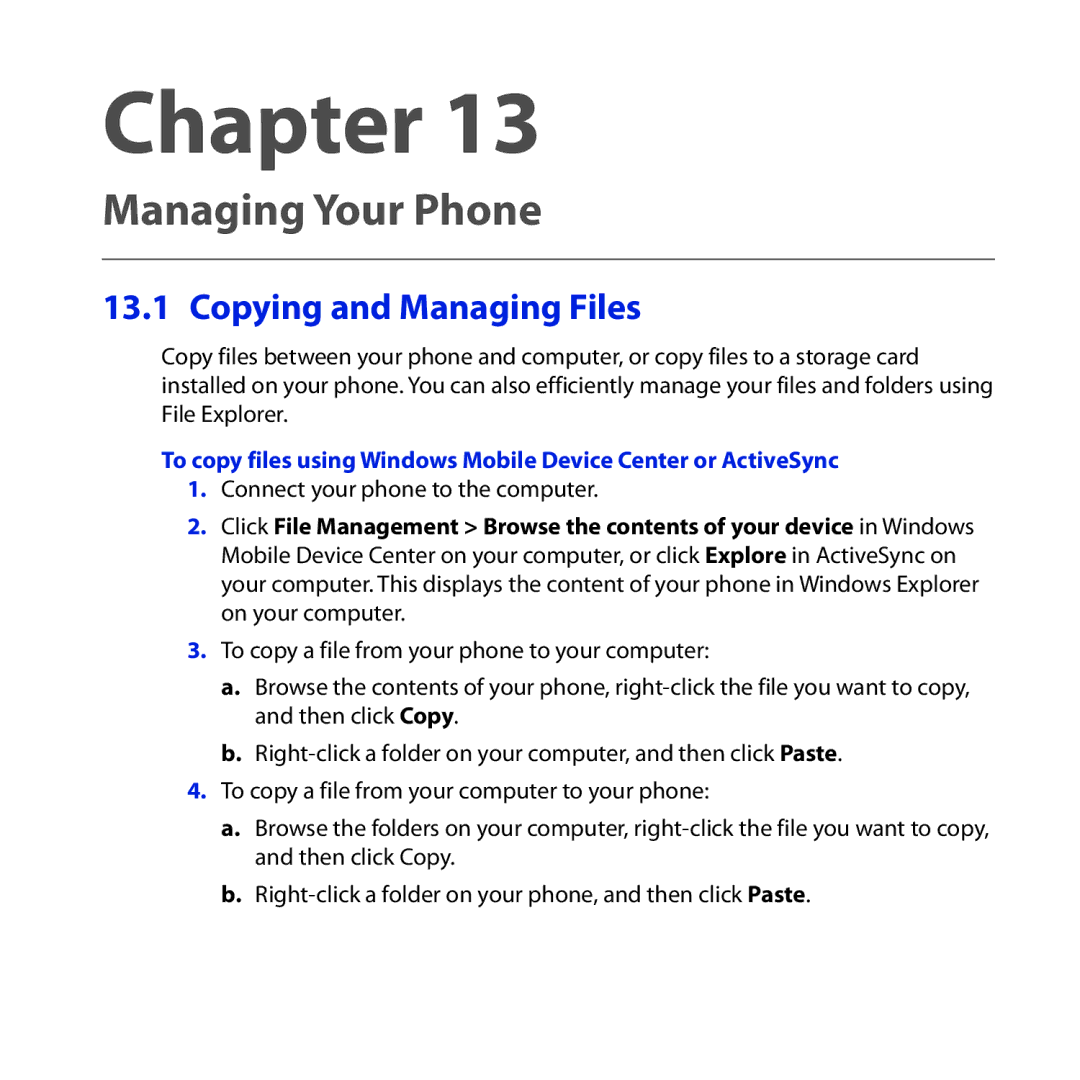 HTC Diamond2 user manual Copying and Managing Files, Connect your phone to the computer 