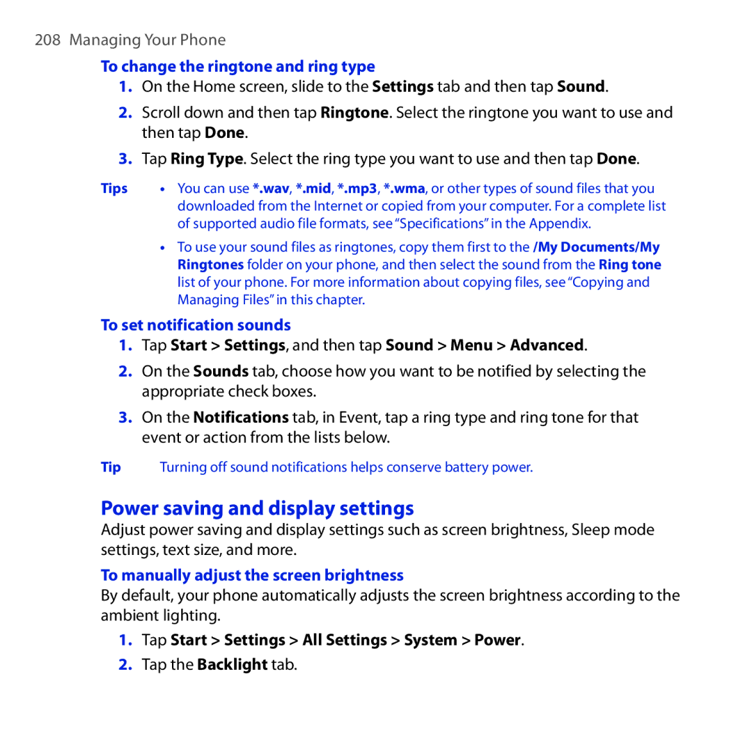 HTC Diamond2 Power saving and display settings, To change the ringtone and ring type, To set notification sounds 