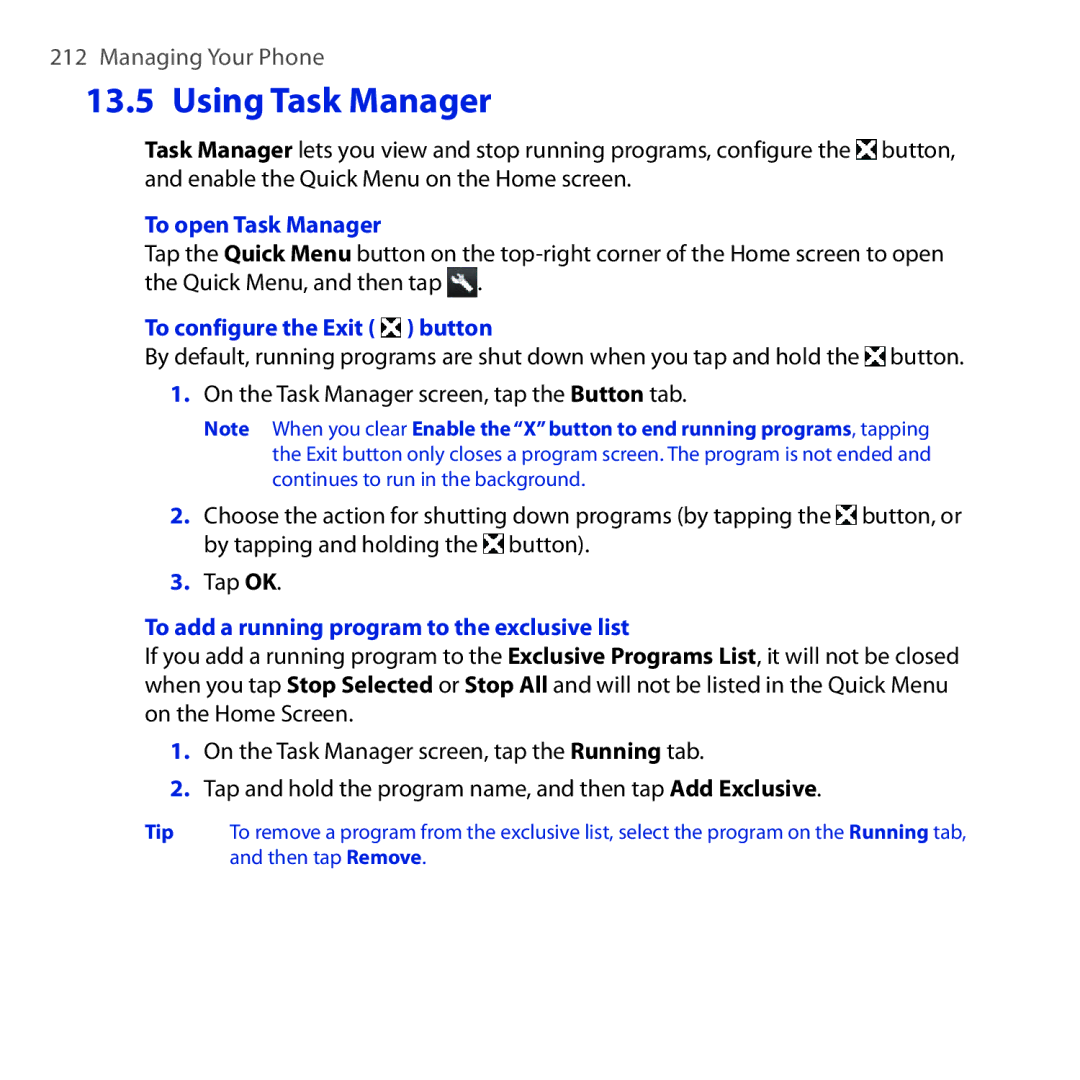 HTC Diamond2 user manual Using Task Manager, To open Task Manager, To configure the Exit button 