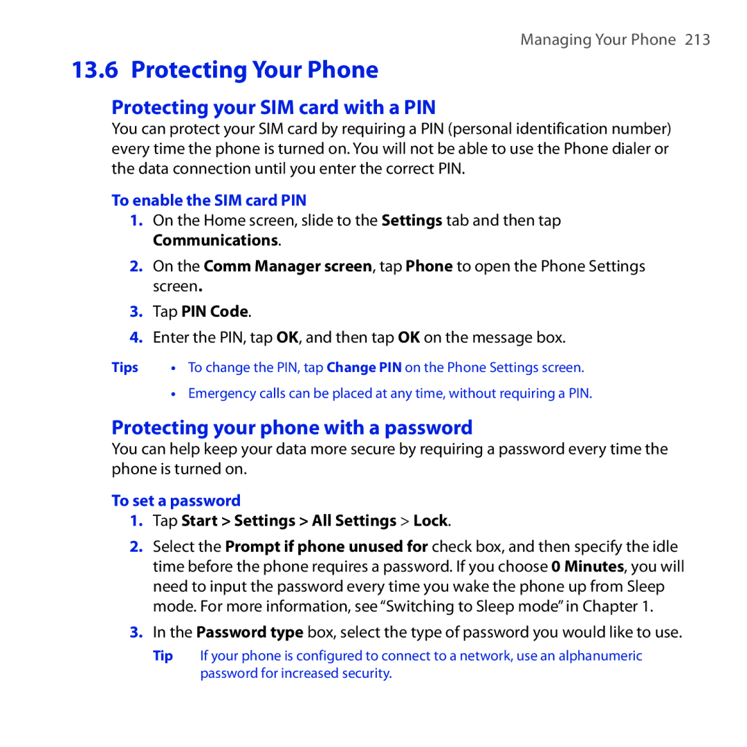 HTC Diamond2 user manual Protecting Your Phone, Protecting your SIM card with a PIN, Protecting your phone with a password 