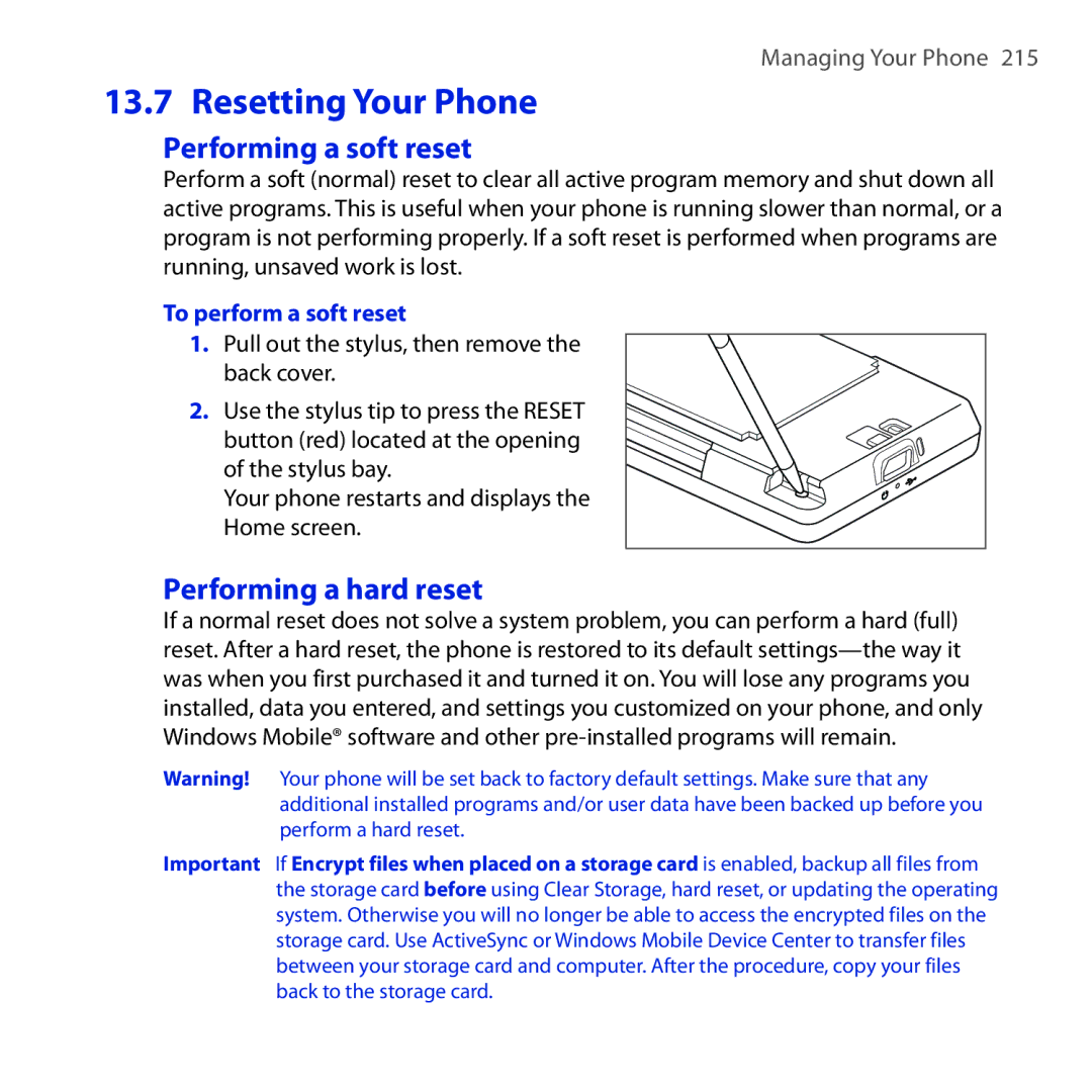 HTC Diamond2 user manual Resetting Your Phone, Performing a soft reset, Performing a hard reset, To perform a soft reset 