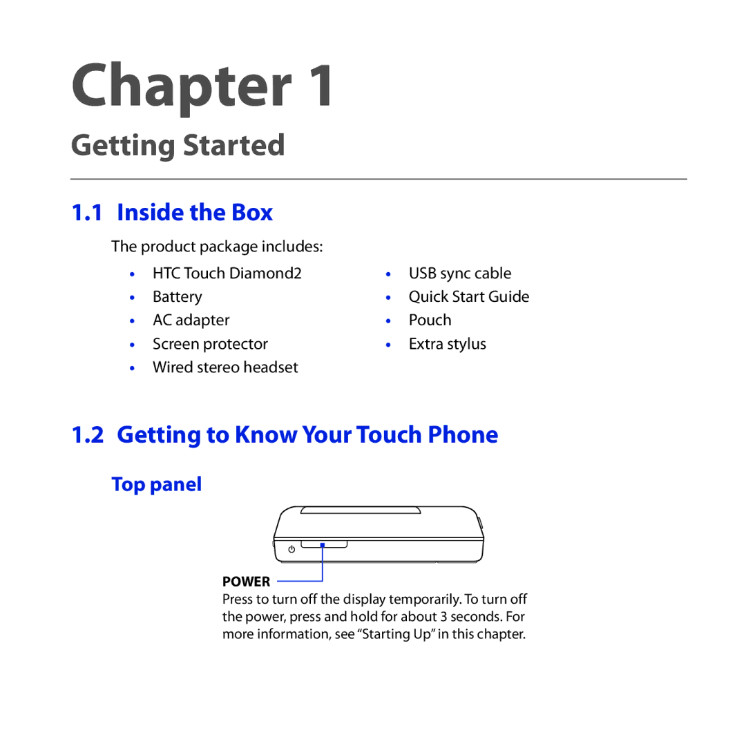 HTC Diamond2 user manual Inside the Box, Getting to Know Your Touch Phone, Top panel 