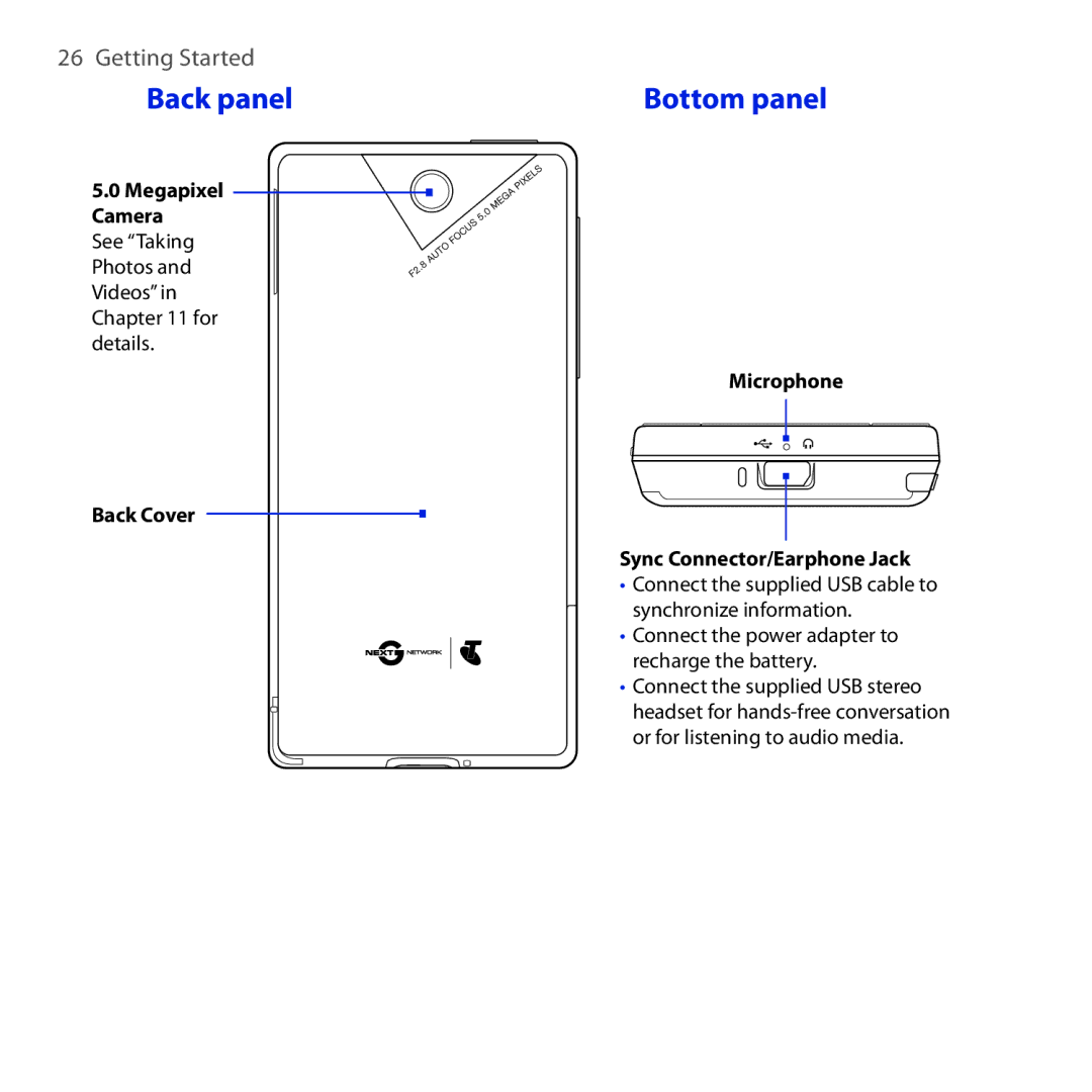 HTC Diamond2 user manual Back panel, Bottom panel 