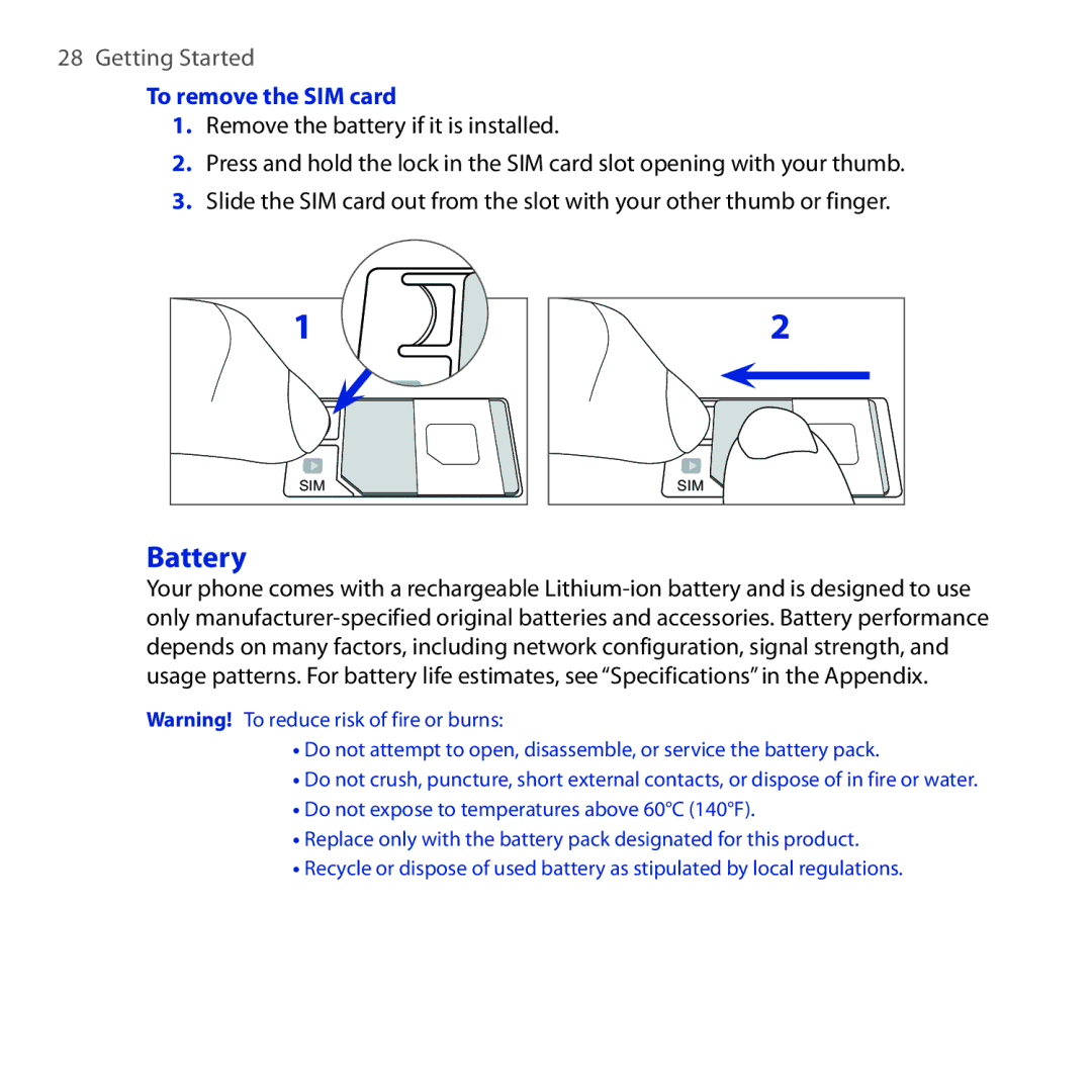 HTC Diamond2 user manual Battery, To remove the SIM card 