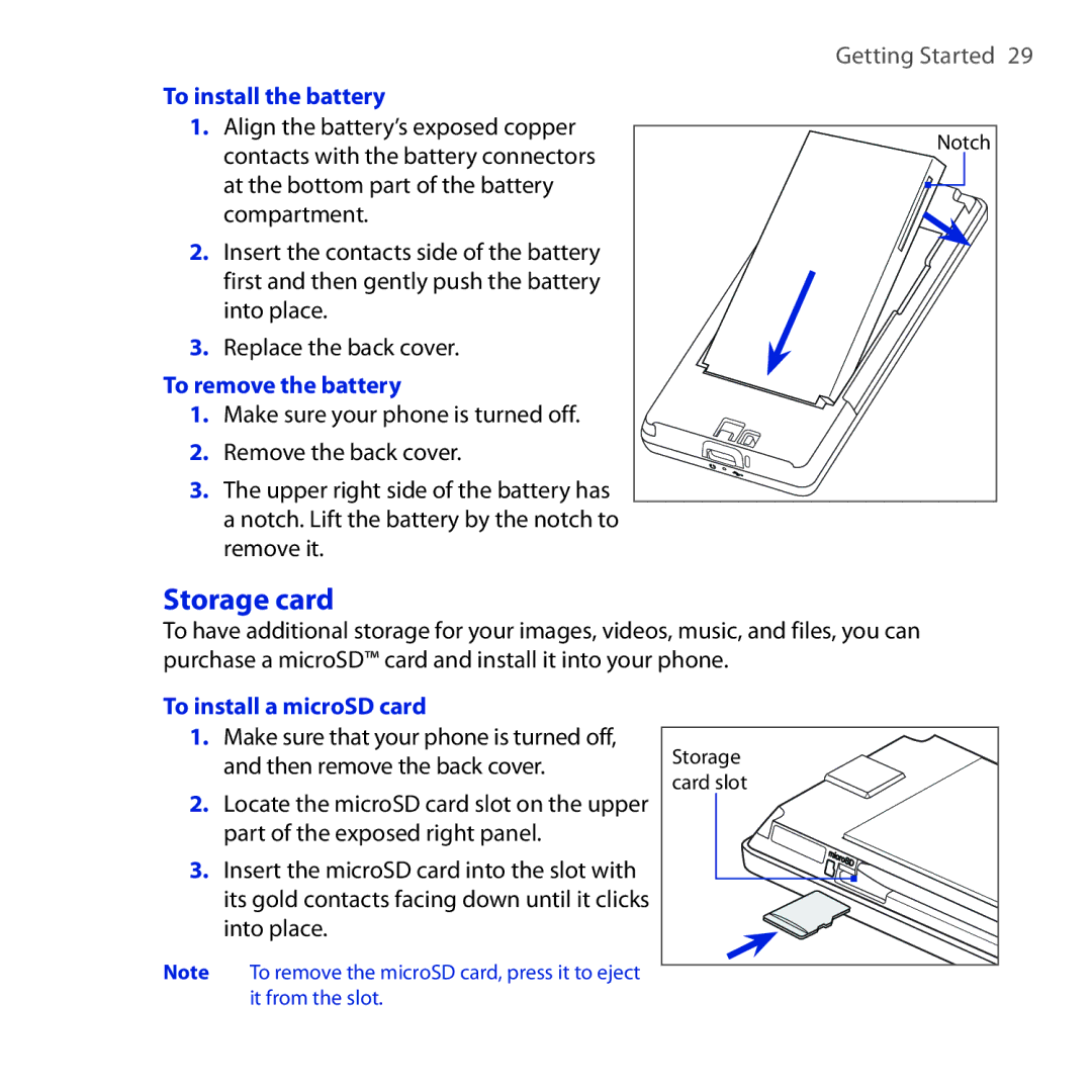 HTC Diamond2 user manual Storage card, To install the battery, To remove the battery, To install a microSD card 