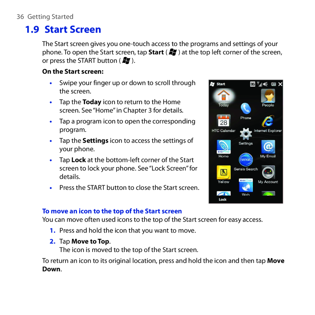 HTC Diamond2 Start Screen, On the Start screen, Swipe your finger up or down to scroll through the screen, Tap Move to Top 