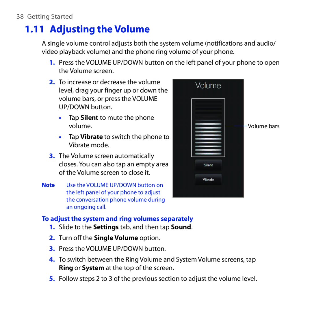 HTC Diamond2 user manual Adjusting the Volume, To adjust the system and ring volumes separately 