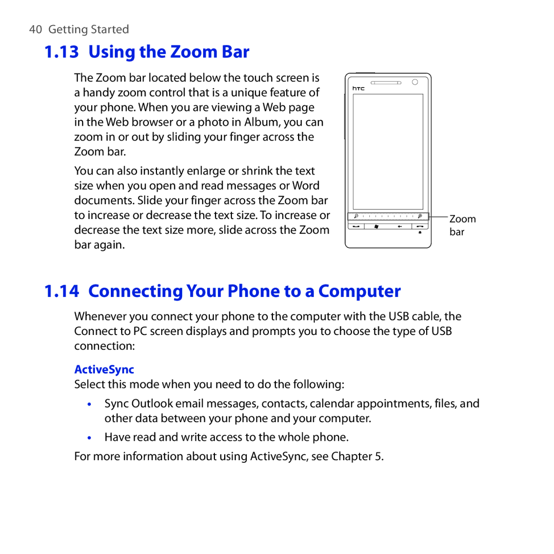 HTC Diamond2 user manual Using the Zoom Bar, Connecting Your Phone to a Computer, ActiveSync 