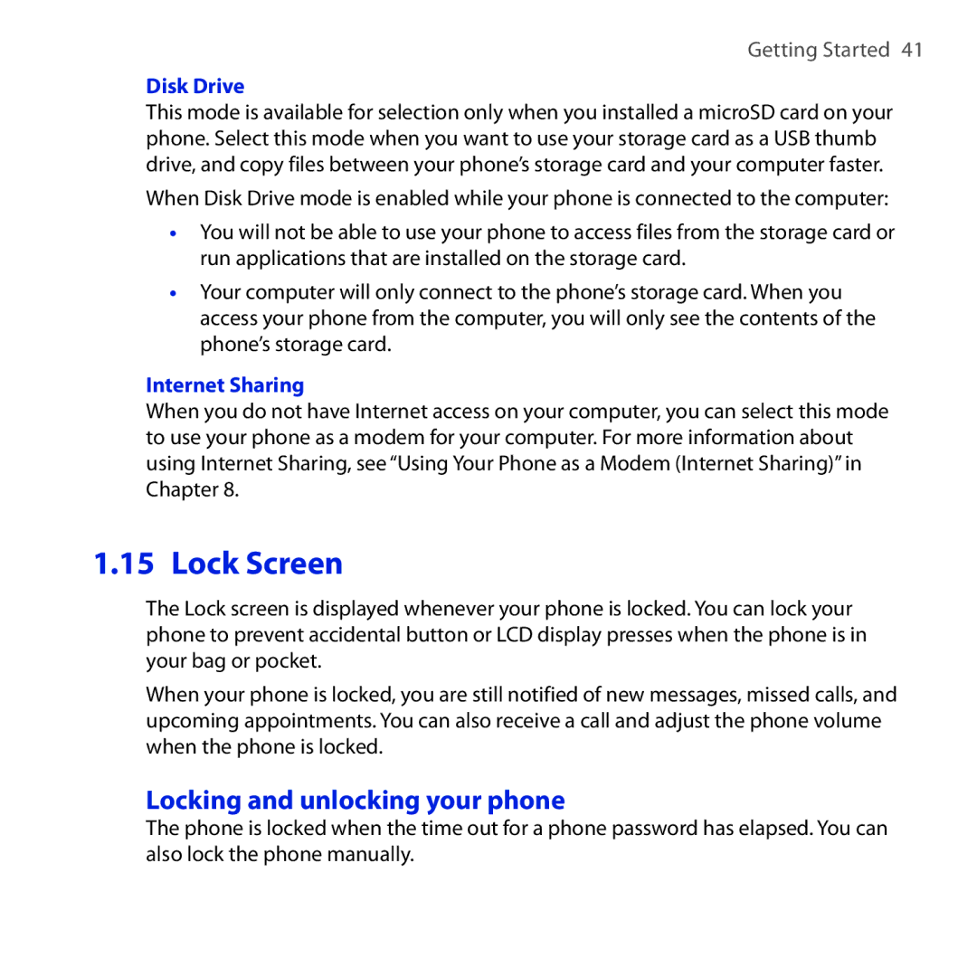 HTC Diamond2 user manual Lock Screen, Locking and unlocking your phone, Disk Drive, Internet Sharing 