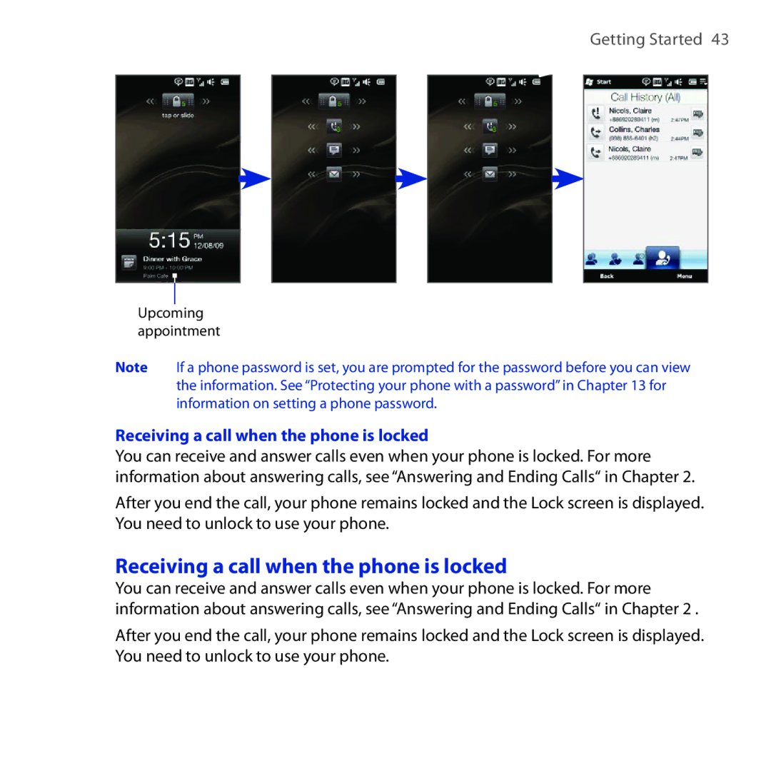 HTC Diamond2 user manual Receiving a call when the phone is locked 