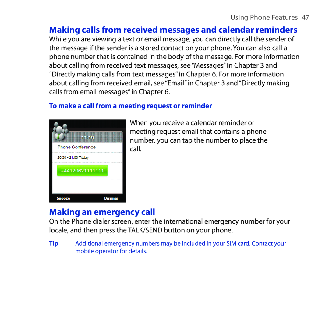 HTC Diamond2 user manual Making calls from received messages and calendar reminders, Making an emergency call 