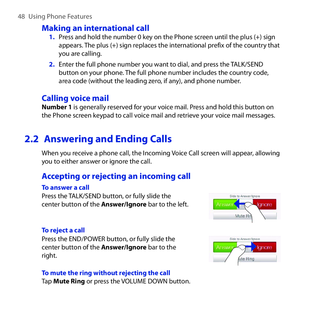 HTC Diamond2 user manual Answering and Ending Calls, Making an international call, Calling voice mail 