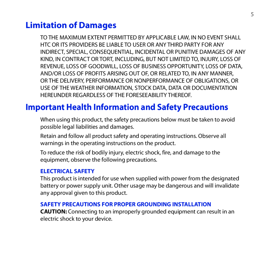 HTC Diamond2 user manual Limitation of Damages, Important Health Information and Safety Precautions 