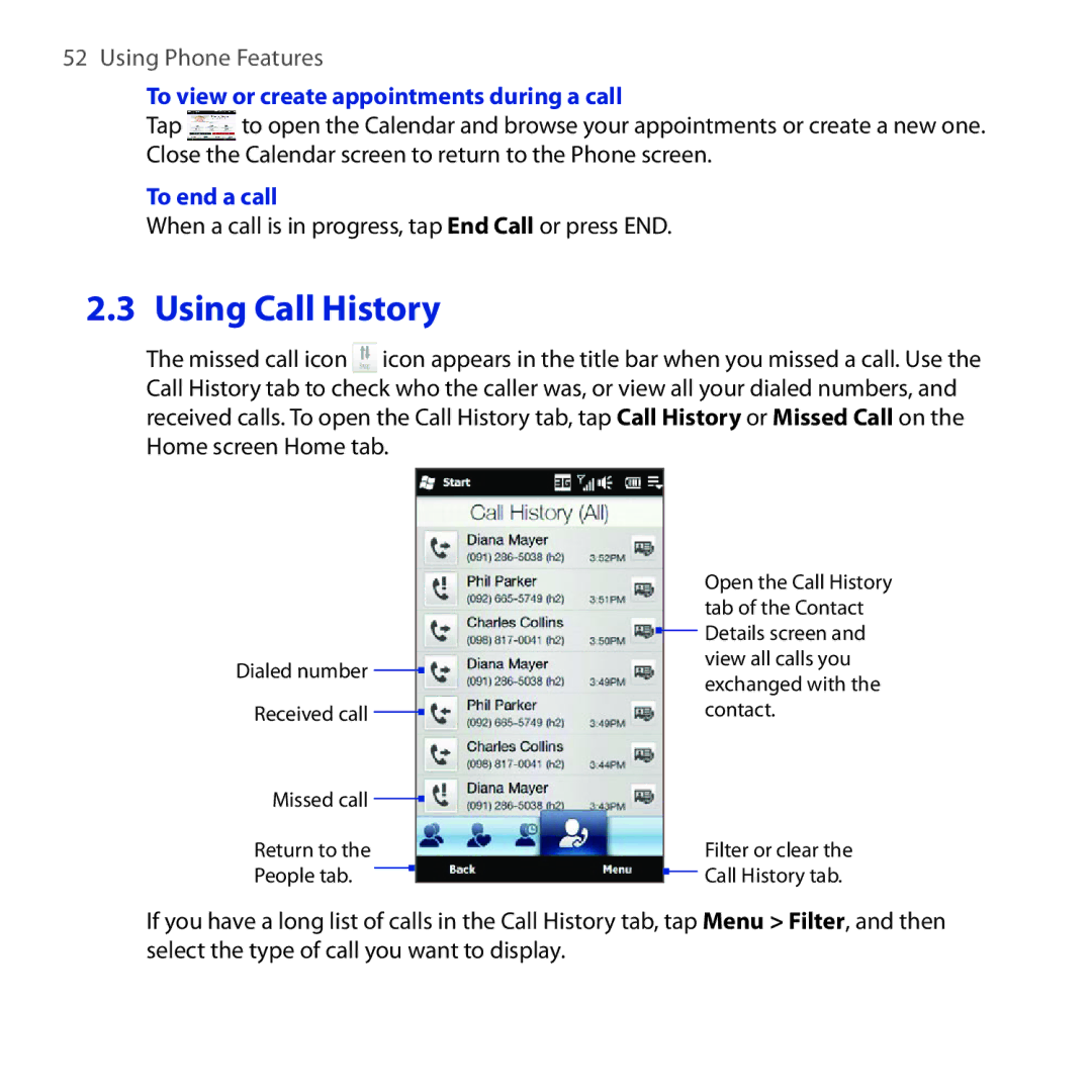 HTC Diamond2 user manual Using Call History, To view or create appointments during a call, To end a call 