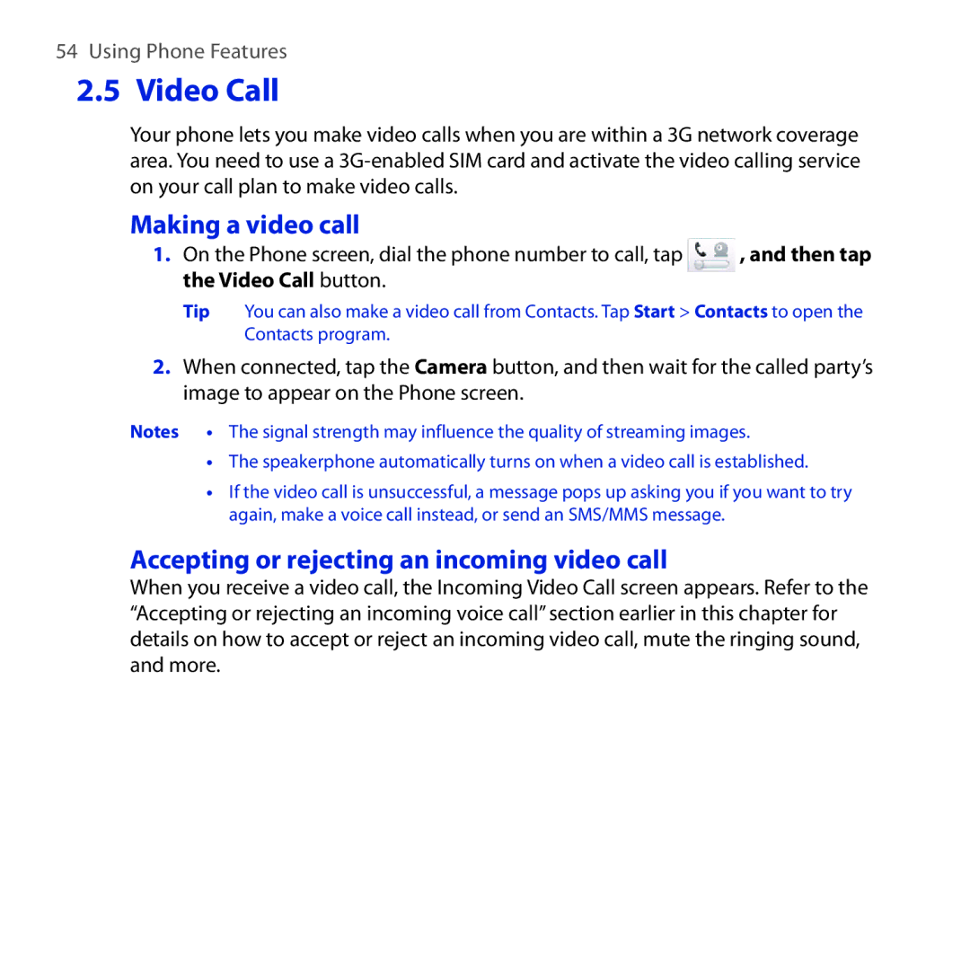 HTC Diamond2 user manual Making a video call, Accepting or rejecting an incoming video call, Video Call button 