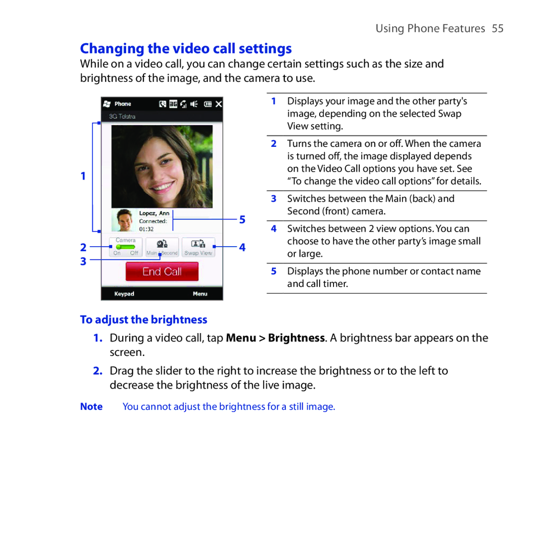 HTC Diamond2 user manual Changing the video call settings, To adjust the brightness 