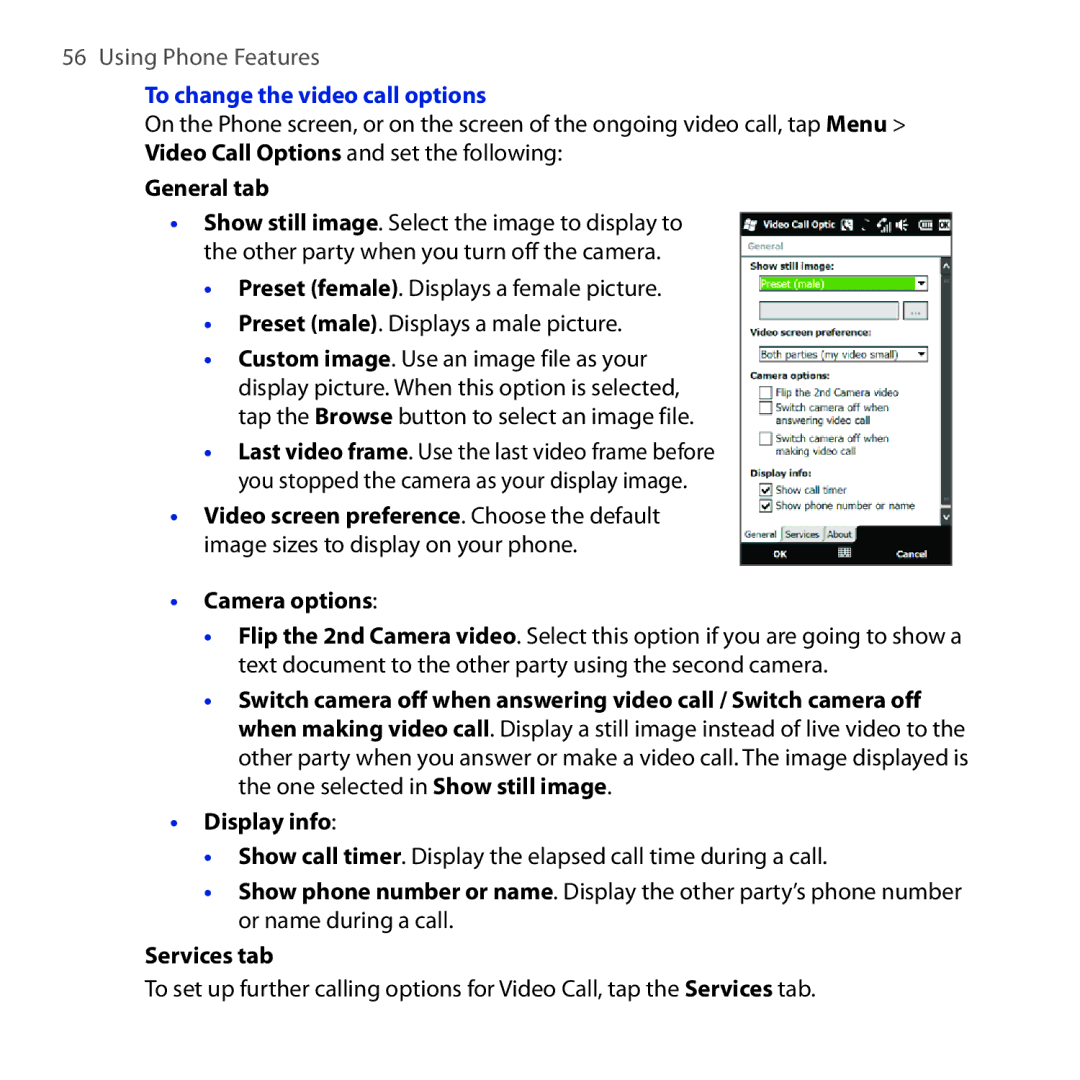 HTC Diamond2 user manual To change the video call options, General tab, Camera options, Services tab 