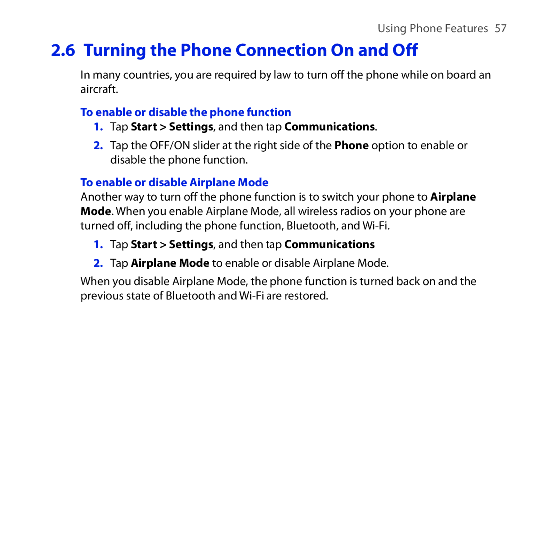 HTC Diamond2 user manual Turning the Phone Connection On and Off, To enable or disable the phone function 