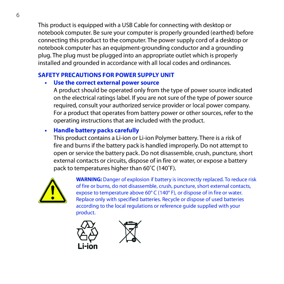 HTC Diamond2 user manual Use the correct external power source, Handle battery packs carefully 