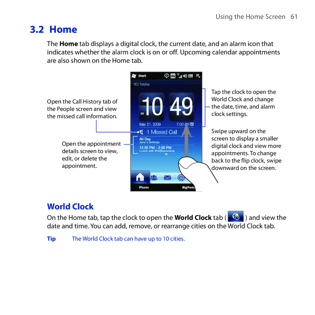 HTC Diamond2 user manual Home, World Clock 