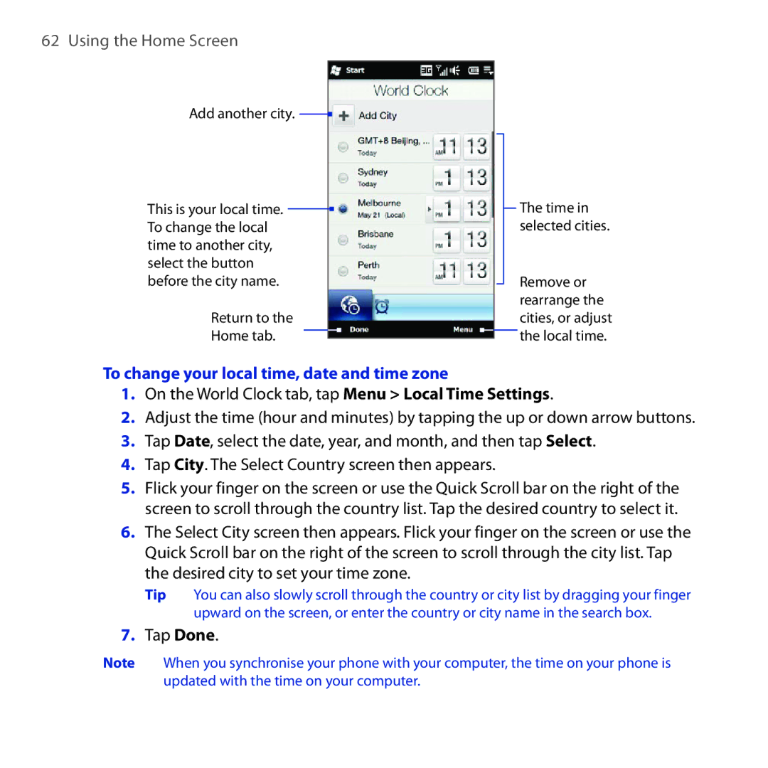 HTC Diamond2 user manual To change your local time, date and time zone 