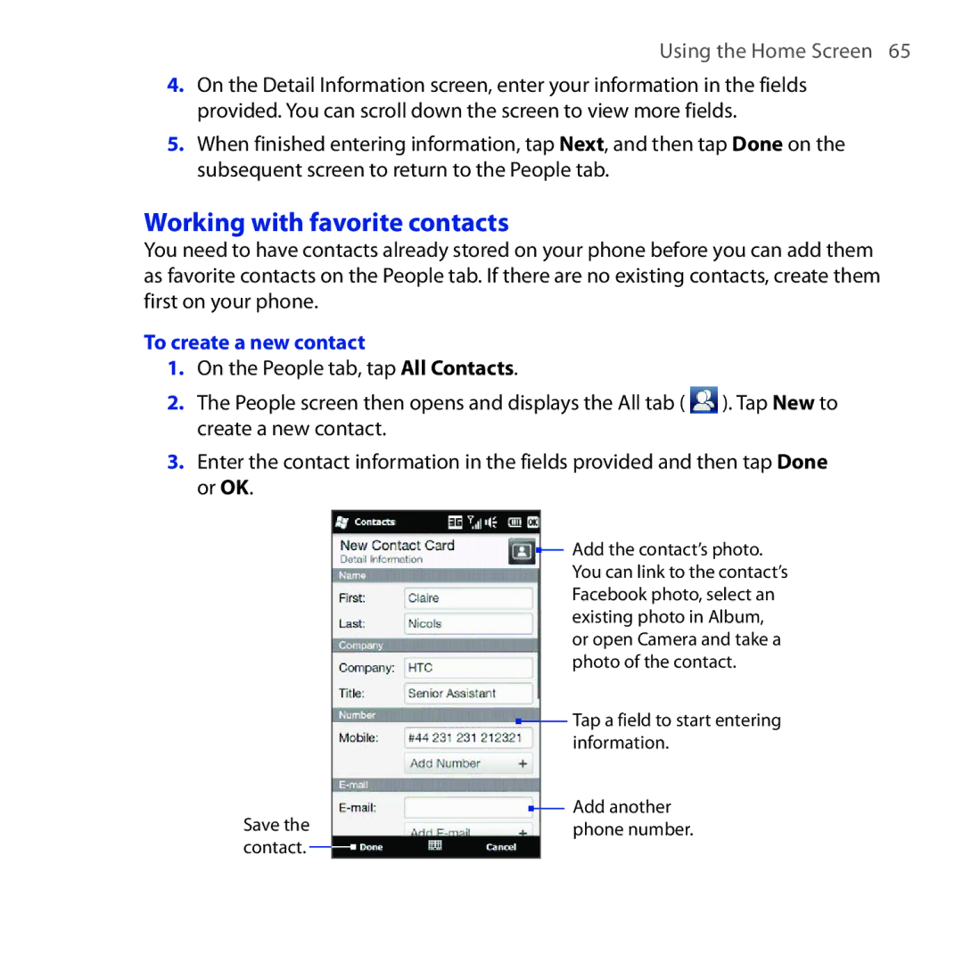 HTC Diamond2 user manual Working with favorite contacts, To create a new contact 