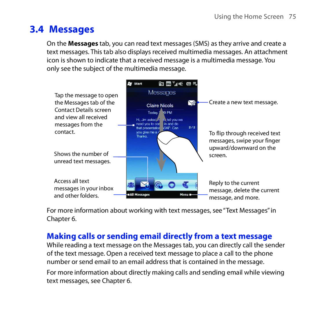 HTC Diamond2 user manual Messages, Making calls or sending email directly from a text message 