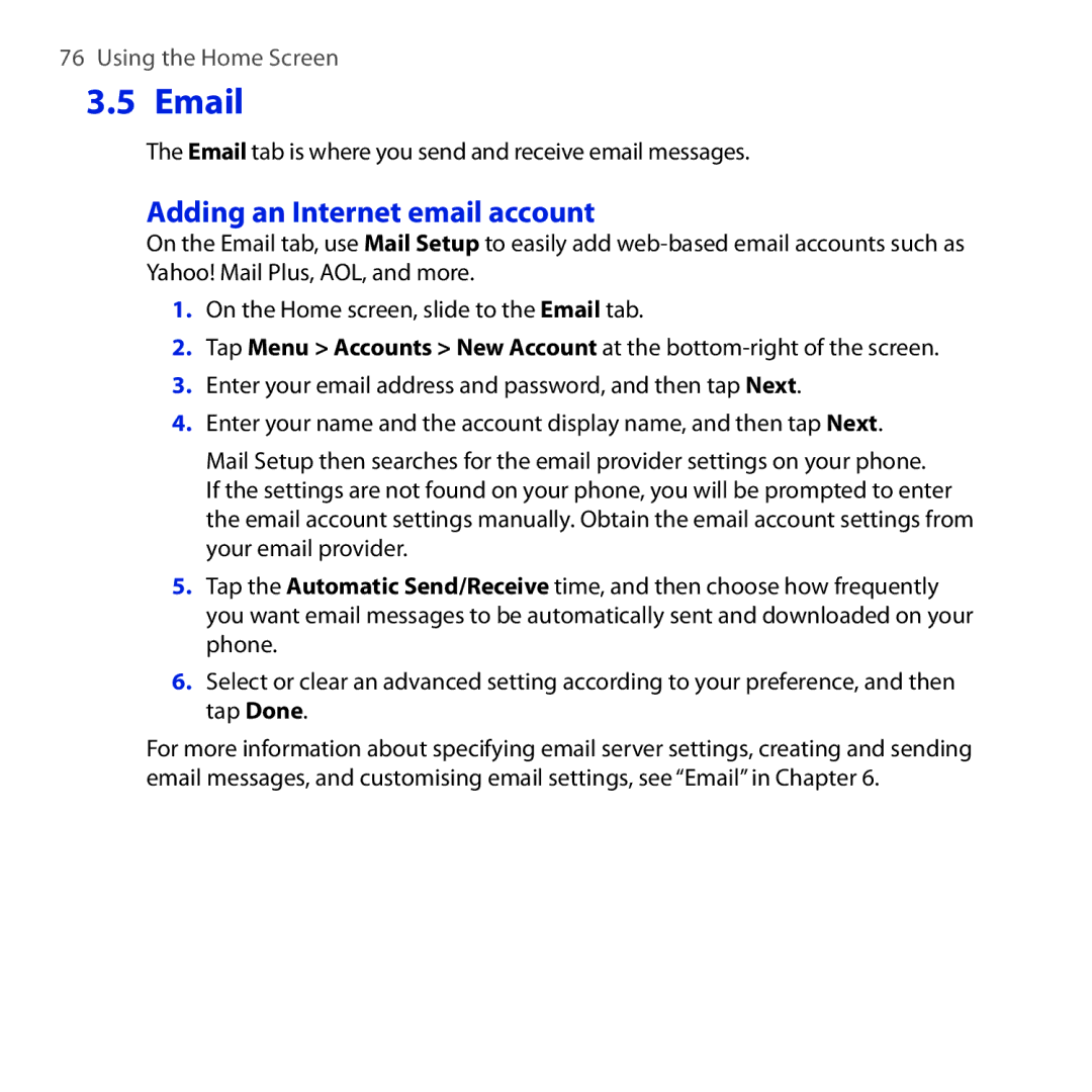 HTC Diamond2 user manual Adding an Internet email account, Email tab is where you send and receive email messages 