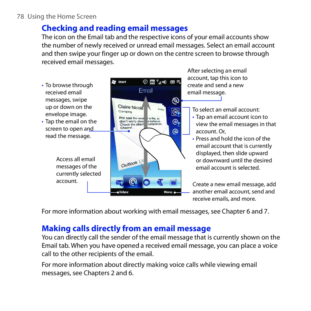 HTC Diamond2 user manual Checking and reading email messages, Making calls directly from an email message 