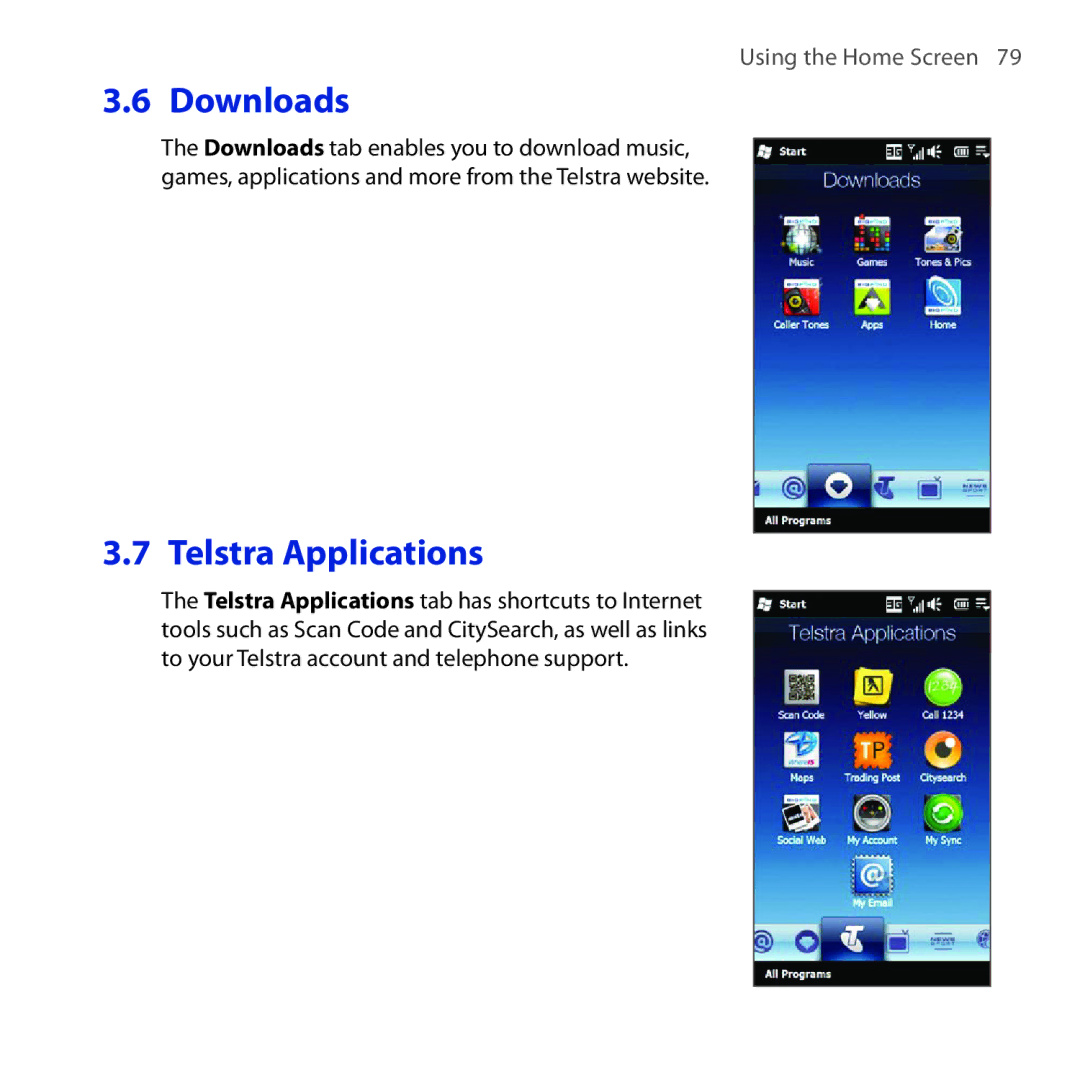 HTC Diamond2 user manual Downloads, Telstra Applications 