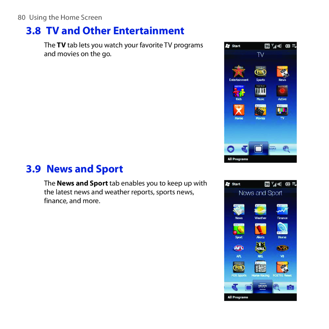 HTC Diamond2 user manual TV and Other Entertainment, News and Sport 