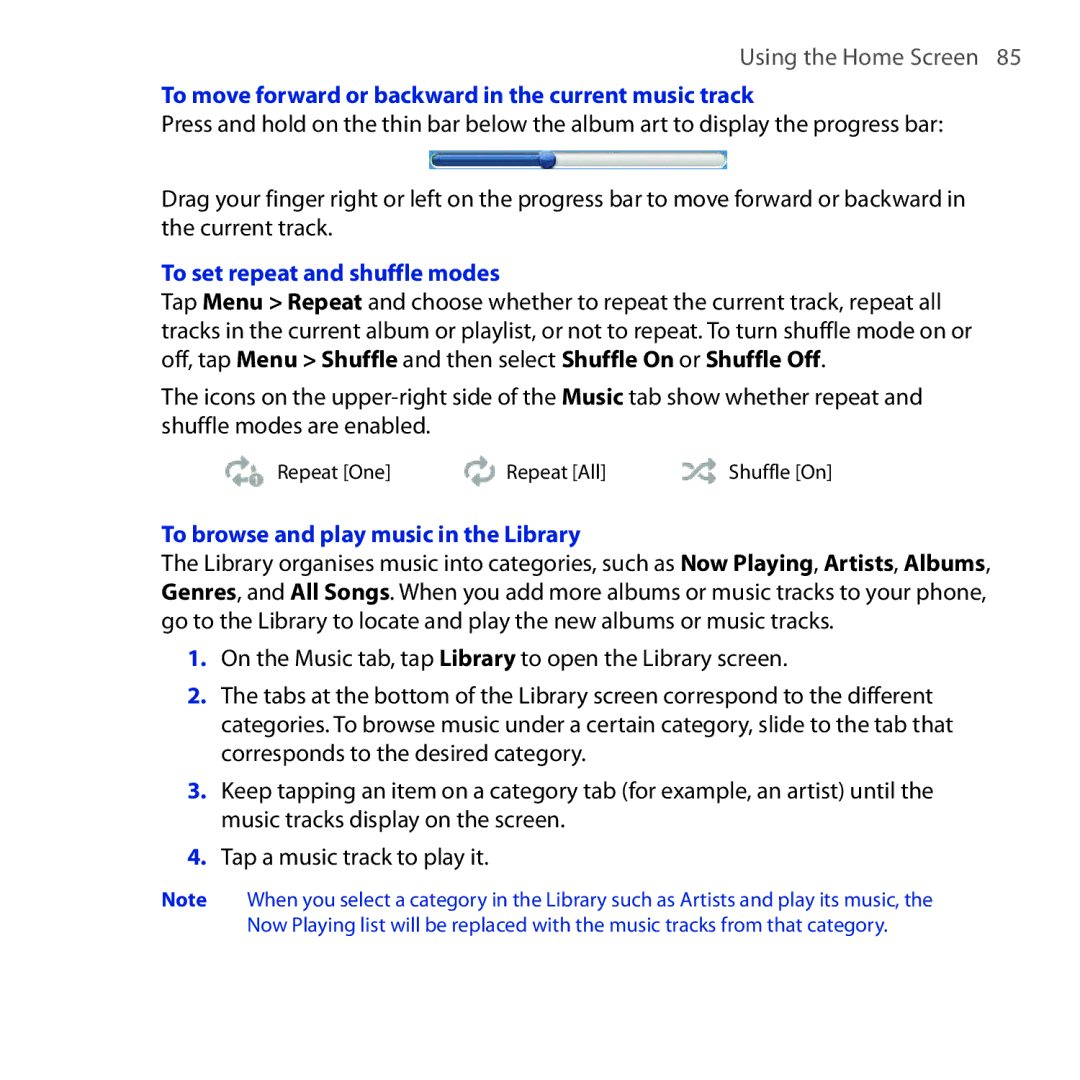 HTC Diamond2 user manual To move forward or backward in the current music track, To set repeat and shuffle modes 