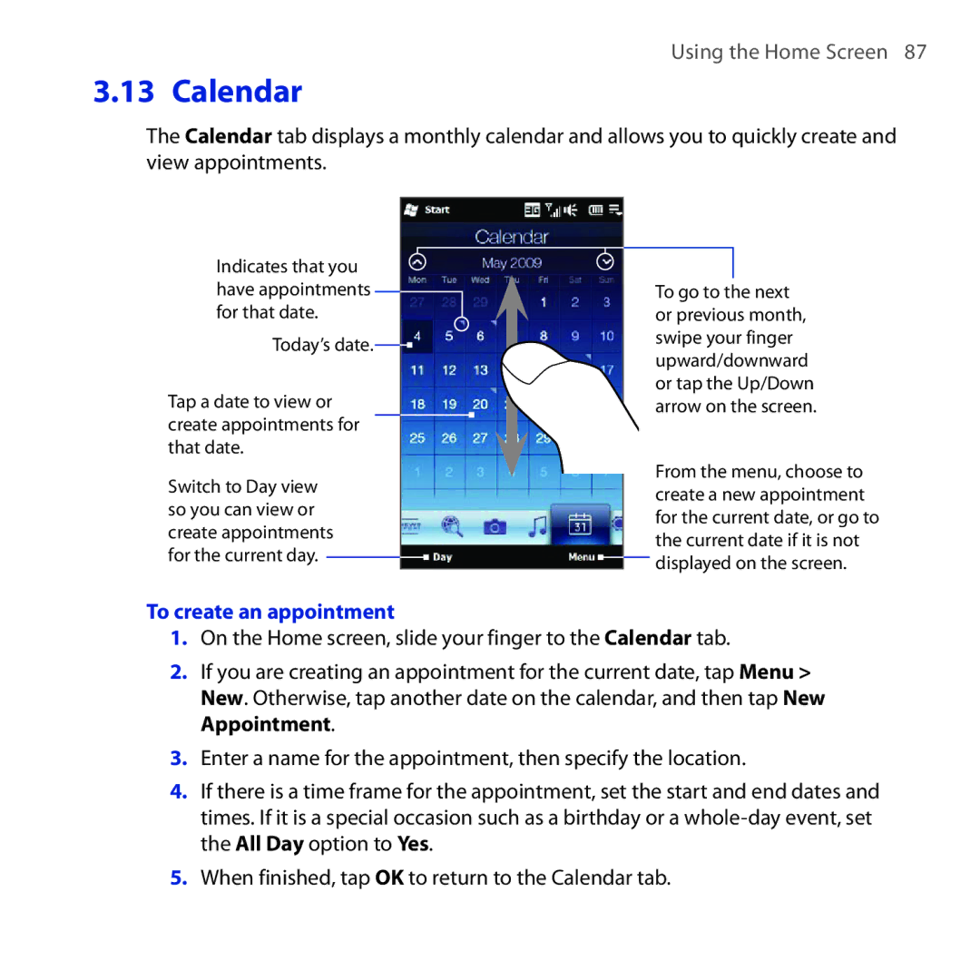 HTC Diamond2 user manual Calendar, To create an appointment 