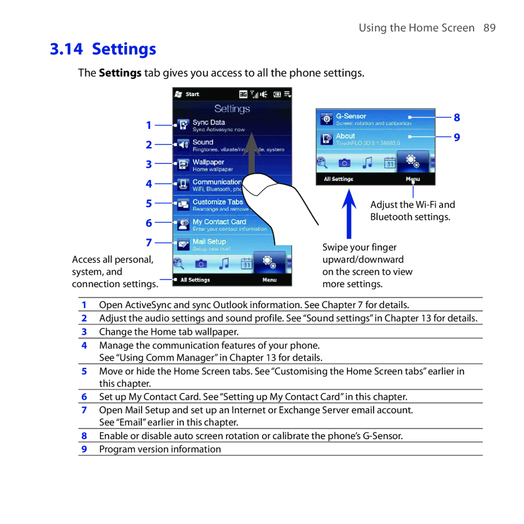 HTC Diamond2 user manual Settings tab gives you access to all the phone settings 