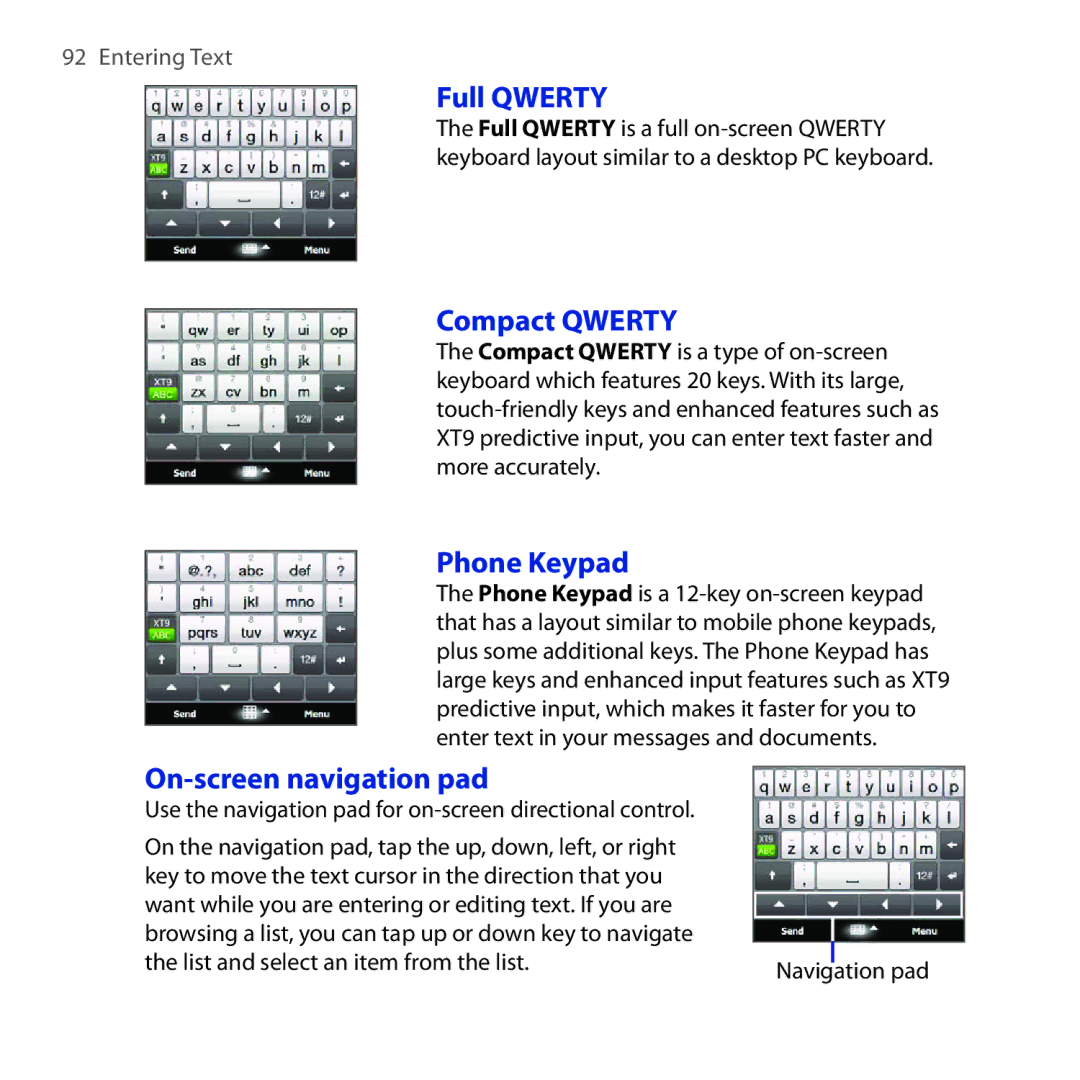 HTC Diamond2 user manual Full Qwerty, Compact Qwerty, Phone Keypad, On-screen navigation pad 